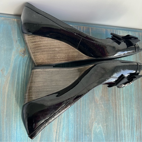 Coach Poppy Jaden Black Open Toe Patent Leather Wedge Pump Size - Picture 5 of 16